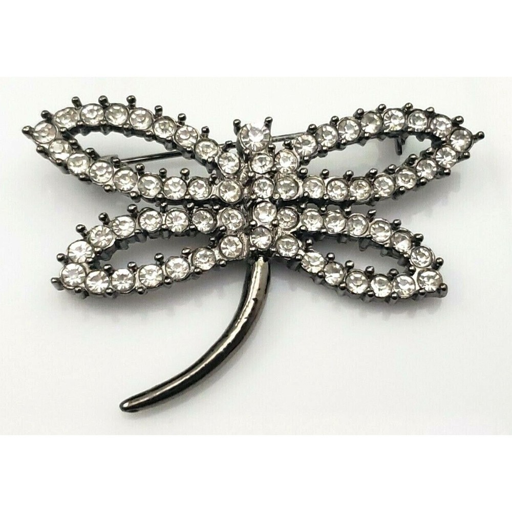 Dragonfly Insect Brooch Pin Prong Set Rhinestones Gunmetal Tone Vintage Sparkly!